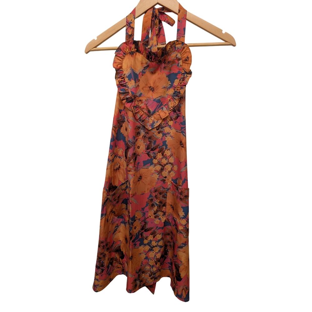 Amanda Uprichard Floral Print Ruffle Heart Apron‎ Pockets Orange Pink